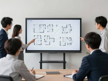 Team members collaborating around a large screen displaying project schematics, professional and focused, modern office.
