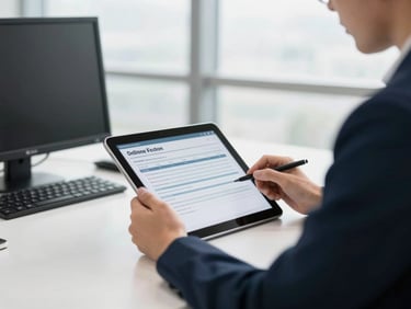 Employee using a tablet to complete an online form, clean office setting, bright daylight, medium shot.