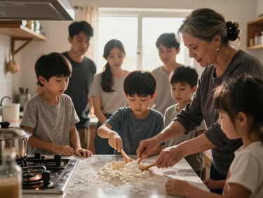 Close wide shot of children and adults standing around a stove together, an older woman guiding a child's hands on a wooden spoon, warm window light, flour on the counter — candid and generational, documentary style