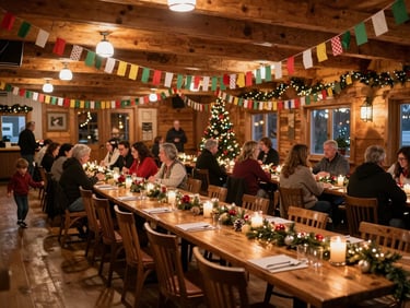 Wide environmental shot of a lodge hall decorated for the holidays, paper streamers and candles on long tables, people mid-conversation in the background, warm amber overhead light, a child running near the left edge — candid, no posed smiles