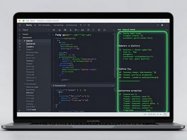 Front-on clean browser mockup displaying a dark-mode code editor with live electric green syntax highlighting, neon terminal output window on the right, high contrast, cool screen glow.