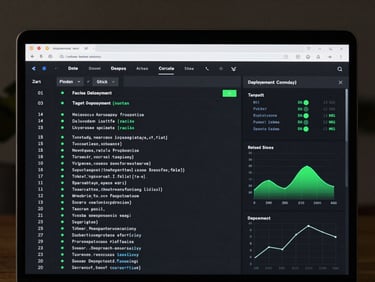 A dark mode browser mockup displaying a terminal interface with active deployment logs, green success indicators, and live network latency graphs.