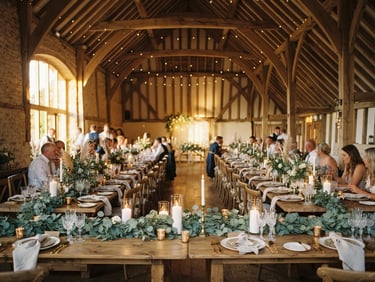 Wide scenic shot of a beautifully styled barn interior, long wooden tables adorned with eucalyptus garlands and glowing candles, soft natural light filtering through timber rafters.