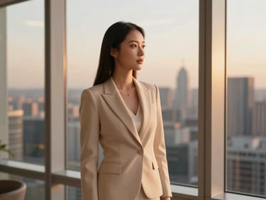 Elegant professional in a tailored business suit looking out a high-rise window overlooking a metropolitan skyline at dusk, warm ambient lighting, editorial photography