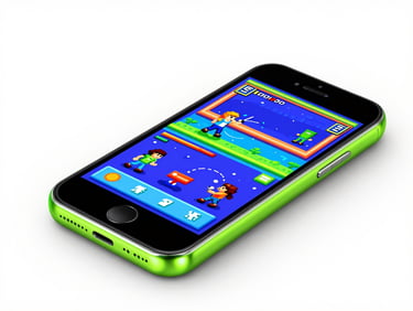 Android phone screen showing a vibrant pixel-art arcade game, dynamic action, bright studio lighting.