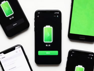 Top-down flat lay of an Android smartphone displaying a battery optimization app, glowing green power indicators, clean studio setup.
