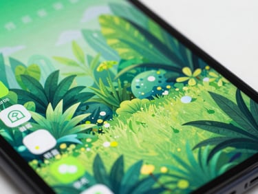 Macro close-up of an Android device displaying a serene digital garden app, vibrant green foliage, gentle screen glow.