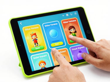 Android tablet displaying a vibrant, playful mobile game interface, hands interacting, bright studio light, colorful screen reflections.
