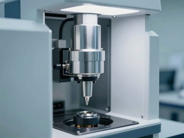 A close-up of a high-end mass spectrometer chamber, illuminated with a cool clinical white light, showing pristine metallic surfaces and micro-nozzles.