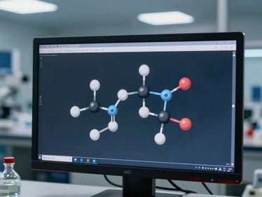 Abstract molecular structure visualization on a high-resolution dark monitor in a dimly lit research facility, sharp focus.