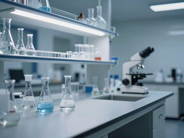 Quiet, empty modern laboratory bench with sterile scientific glassware under cool white light, architectural depth.