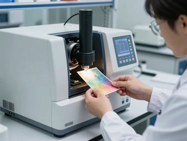 A laboratory technician in a clean industrial lab calibrating a digital spectrophotometer, holding a dyed fabric sample under calibrated light.