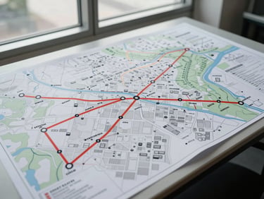 Overhead map-style photograph of a logistics route diagram printed on a planning table — route lines across a geographic map, cargo codes annotated at nodes, overcast office window light