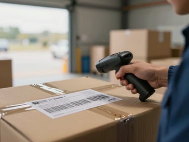 Detail shot of a logistics operator scanning a barcode label on a sealed cardboard carton inside a sorting facility — overcast natural light from a loading bay door, focus on label and scanner device
