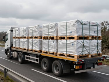 Close overhead shot of a heavy-duty flatbed truck loaded with palletized freight on a motorway under overcast British daylight, cargo strapped with industrial webbing, no people in frame