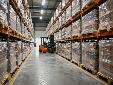 Interior of a large bonded warehouse under bright industrial lighting — rows of racked pallets stretching to the rear wall, forklift in motion in the middle distance, concrete floor with painted safety lanes