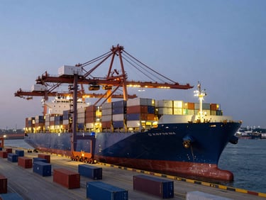 Wide-angle view of a large container ship being loaded at a deep-water port terminal at twilight — cranes lit against a dim sky, rows of containers on the quayside, calm industrial atmosphere
