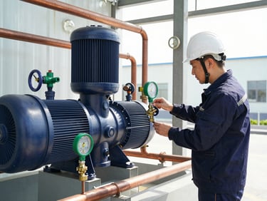 A professional engineer inspecting booster pump with multimeter, ppr piping , electrical wire,