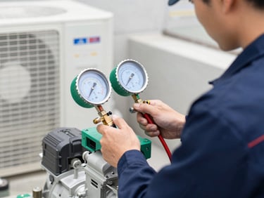 Close-up of a certified technician in a navy uniform using a digital manifold gauge to pressure-test an outdoor AC compressor unit, bright daylight, sharp focus.