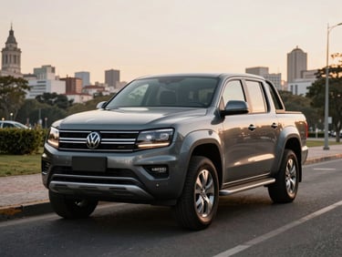 Low-angle front quarter shot of a pristine grey 2026 Volkswagen Amarok parked on an elegant urban avenue in Buenos Aires, soft morning daylight, 35mm.
