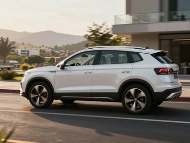 Side profile of a white 2026 Volkswagen Taos driving through a clean modern city street, soft morning light, high contrast