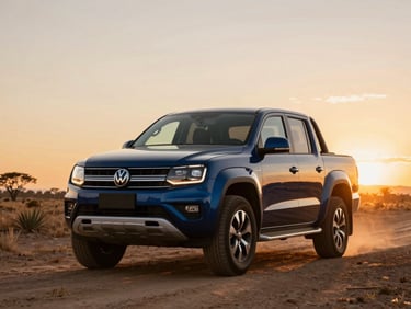 Low-angle heroic shot of a dark blue 2026 Volkswagen Amarok V6 navigating a dusty road in the Argentine Pampas, dramatic sunset lighting