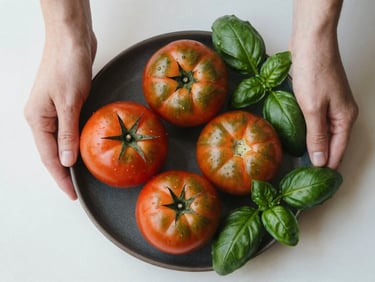 Overhead flat-lay of hands plating fresh heirloom tomatoes on a dark ceramic dish, soft natural window light, rich green basil leaves, 35mm editorial photography