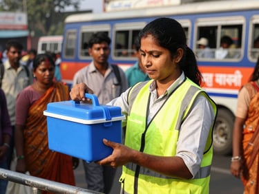 Documentary photo of a dedicated healthcare worker in a high-visibility vest holding a blue vaccine carrier box at a bustling Indian transit junction, warm sunlight, authentic human moment, 35mm lens