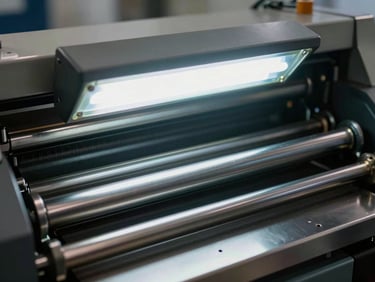 Close-up of a label printing press lamp holder, UV lamp inserted into rotary press housing, cool diffuse overhead light, ink-coated rollers partially visible in background, industrial metal frame