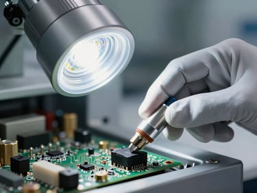 Macro shot of an engineer's gloved hand inserting a UV lamp into electronics assembly equipment, cool white studio light, circuit board components visible in shallow background focus, clean industrial environment