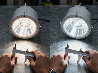 Side-by-side overhead comparison of two UV lamps on a dark steel surface — original OEM lamp on the left and XLEAD replacement on the right — engineer's hands in frame holding calipers measuring base pin spacing, cool diffuse daylight, technical measurement context