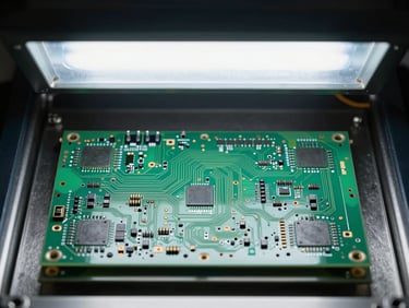 Close-up overhead view of a PCB panel inside an exposure unit, UV lamp pins and base visible at frame top, cool diffuse light illuminating circuit board trace geometry, dark metal chassis surround