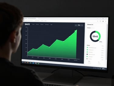 Over-the-shoulder view of a clean SaaS analytical dashboard displaying upward trending lines, neon green accent glows, cool high-contrast studio light, 35mm