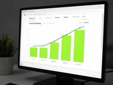 Macro crop of a digital marketing dashboard showing multi-channel attribution charts, neon green highlights, sharp focus, cool studio light