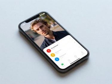 Overhead flatlay of a smartphone screen showing a photo evaluation interface with colored score indicators and simple feedback labels, on a light blue-white surface, soft daylight, minimal shadows