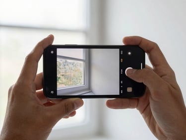 Close-up of hands holding a smartphone showing side-by-side creative photo variations on screen, bright natural window light, clean white background behind the phone, no text visible