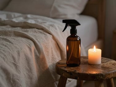 Close-up of a linen-draped bed at dusk, a dark amber glass room spray bottle resting on a rustic wooden stool, soft warm candlelight, shallow depth of field.