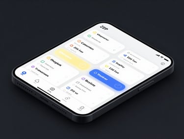 High-fidelity Android mockup of a budgeting app screen, deck-building style card interface representing expense categories, glowing active states, dark background.