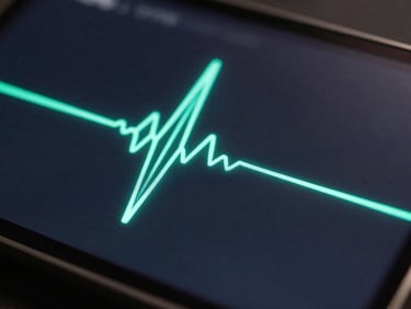 Ultra-close macro view of an OLED screen showing a haptic waveform diagram, glowing cyber-mint green lines on a deep charcoal background, sharp edge lighting