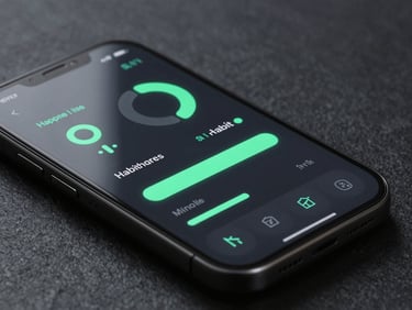 High-fidelity Android mockup of a mobile habit dashboard, glowing mint-green streak indicators, dark mode slate UI, sharp technical lines.