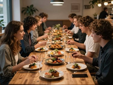 A wide, atmospheric shot of a communal dining table in a Scandinavian-style food hall, friends sharing artisanal dishes under warm, soft lighting.