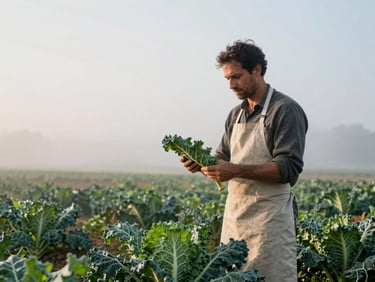 A local farmer in a canvas apron inspecting heirloom kale leaves in a misty field at dawn, natural daylight, soft focus, environmental portrait with generous negative space.