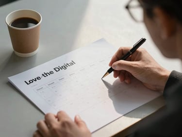 Over-the-shoulder view of an agency strategist planning a digital event calendar on textured paper, coffee cup nearby, soft morning daylight.