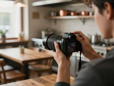 Over-the-shoulder shot of a photographer adjusting a camera lens in a cozy, soft-lit restaurant kitchen, natural diffused daylight from a side window, warm wood textures and copper pans in soft focus in the background.