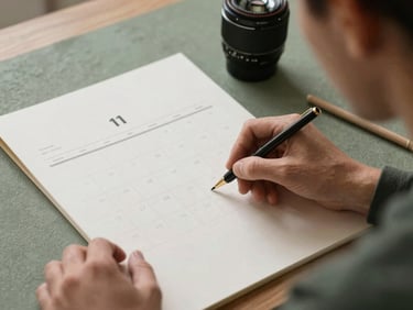 A close-up over-the-shoulder shot of a content planner sketching a seasonal calendar on heavy parchment paper, soft natural side lighting, muted forest green and warm wood tones