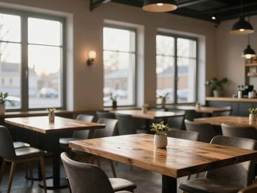 Cozy Scandinavian restaurant interior during prep hours, soft morning sun filtering through large windows, empty wooden tables, clean and calm atmosphere