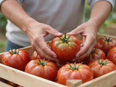 Close-up of a vendor arranging organic heirloom tomatoes on a wooden crate, soft natural daylight, shallow depth of field.