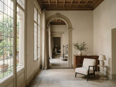 Elegant warm architectural photography of a Milanese palazzo interior, soft natural daylight, minimalist luxury, 35mm