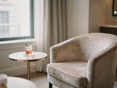 Quiet, luxuriously appointed VIP lounge interior with soft lighting, a plush velvet armchair, and a small, elegant side table with a curated drink, shallow depth of field, warm editorial photography, soft natural window light.