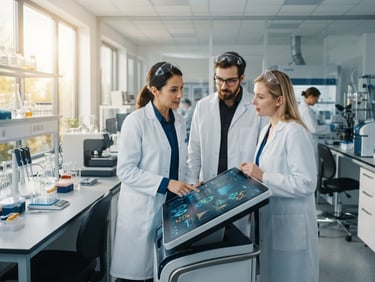 Medium shot of a modern clean tech laboratory, researchers in white coats collaborating over a digital interface, soft golden morning light.